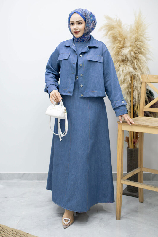 Kemerli Ceketli Denim Elbise TSD260164 Açık Mavi - Tesettür Dünyası