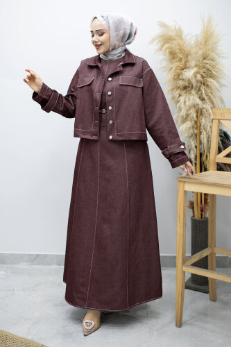 Kemerli Ceketli Denim Elbise TSD260164 Bordo 