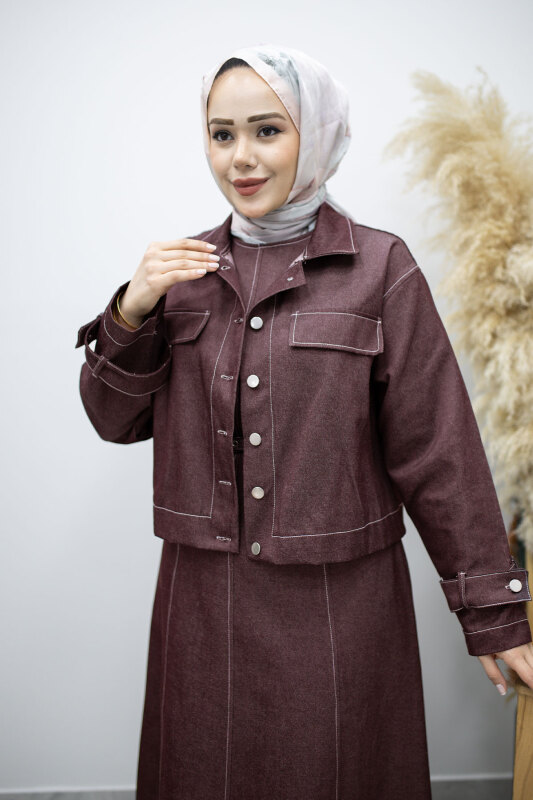Kemerli Ceketli Denim Elbise TSD260164 Bordo - Tesettür Dünyası (1)