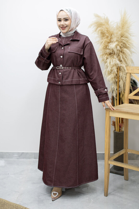 Kemerli Ceketli Denim Elbise TSD260164 Bordo - 3