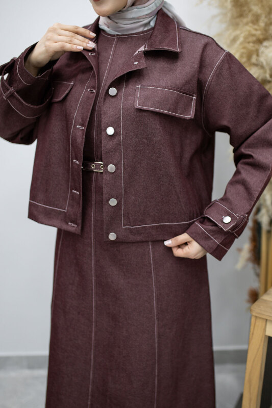 Kemerli Ceketli Denim Elbise TSD260164 Bordo - 4