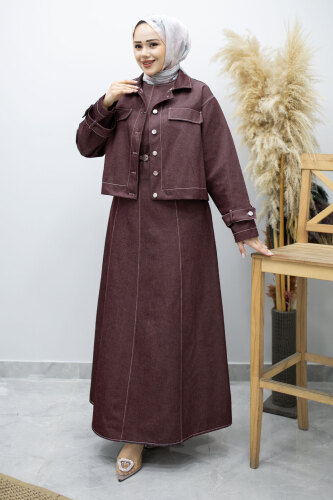 Kemerli Ceketli Denim Elbise TSD260164 Bordo - 5