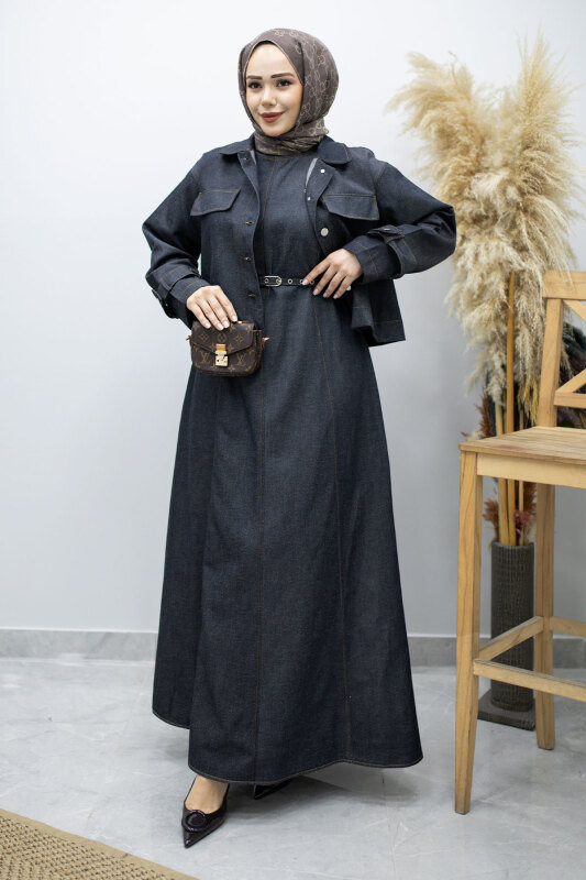 Kemerli Ceketli Denim Elbise TSD260164 Koyu Mavi - Tesettür Dünyası