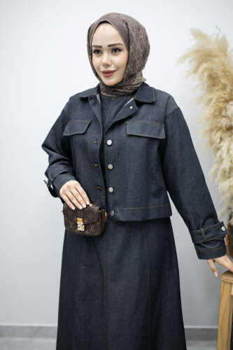 Kemerli Ceketli Denim Elbise TSD260164 Koyu Mavi - 2