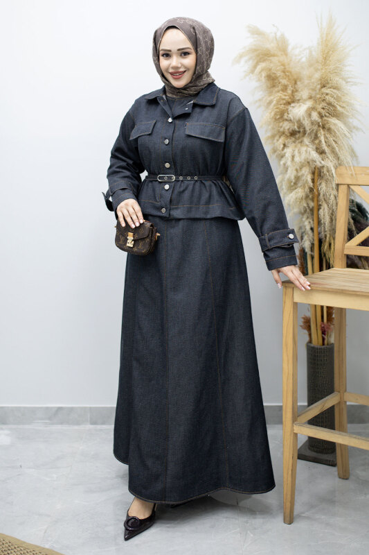 Kemerli Ceketli Denim Elbise TSD260164 Koyu Mavi - 3