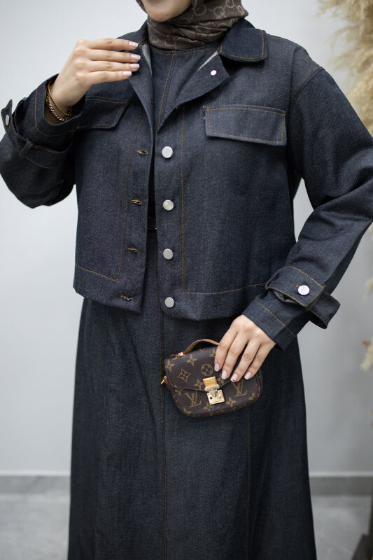 Kemerli Ceketli Denim Elbise TSD260164 Koyu Mavi - 4