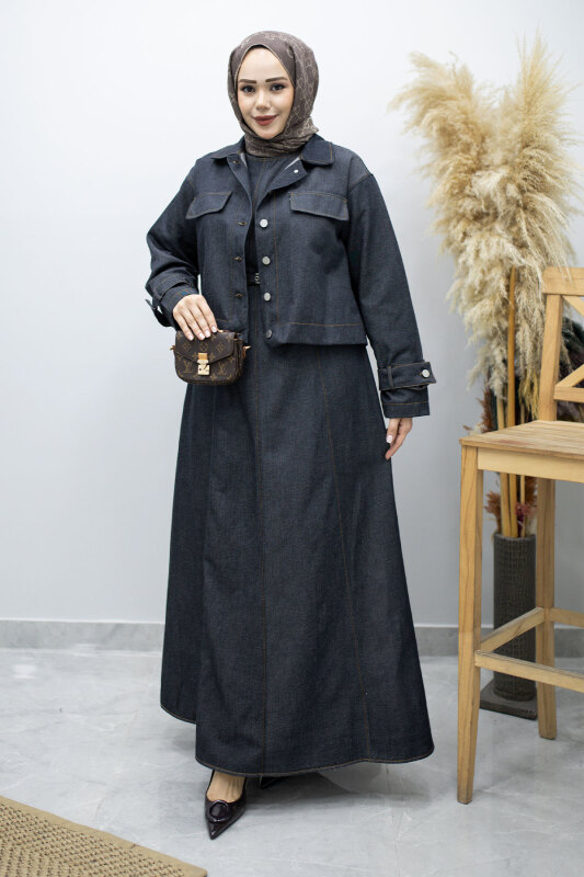 Kemerli Ceketli Denim Elbise TSD260164 Koyu Mavi - 5