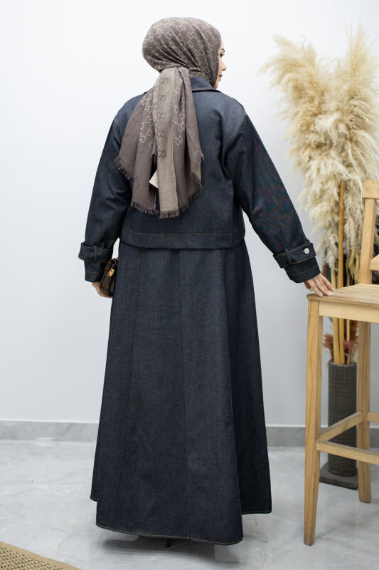 Kemerli Ceketli Denim Elbise TSD260164 Koyu Mavi - 6