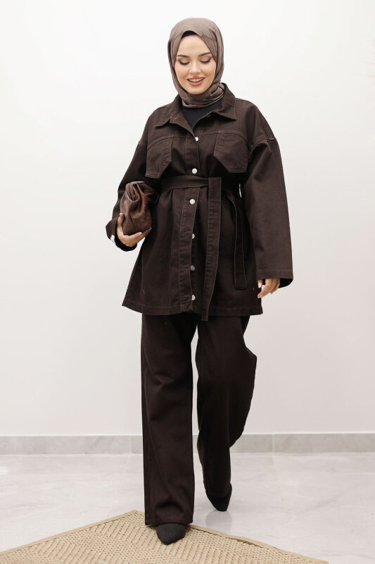 Kemerli Denim Takım TSD250231 Acı Kahve - Tesettür Dünyası