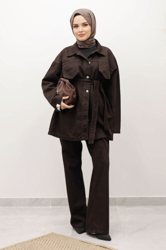 Kemerli Denim Takım TSD250231 Acı Kahve - Tesettür Dünyası