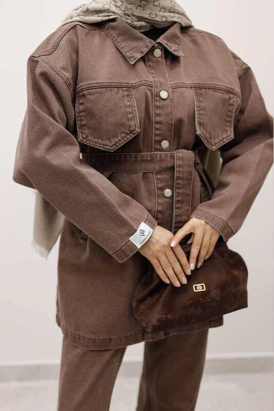 Kemerli Denim Takım TSD250231 Sütlü Kahve - Tesettür Dünyası (1)