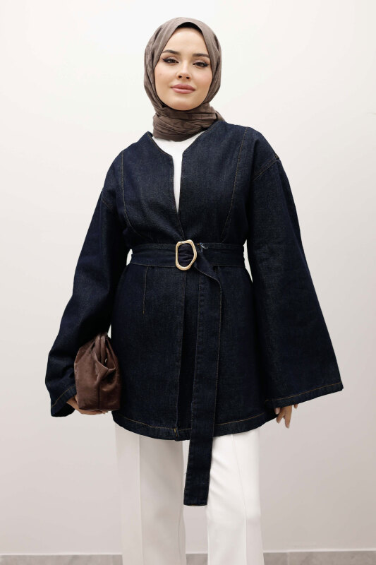 Kemerli Kot Ceket TSD250251 Koyu Mavi - Tesettür Dünyası