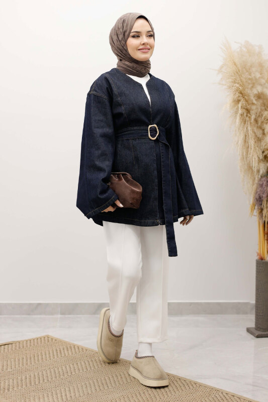 Kemerli Kot Ceket TSD250251 Koyu Mavi - 3