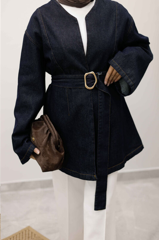 Kemerli Kot Ceket TSD250251 Koyu Mavi - 4