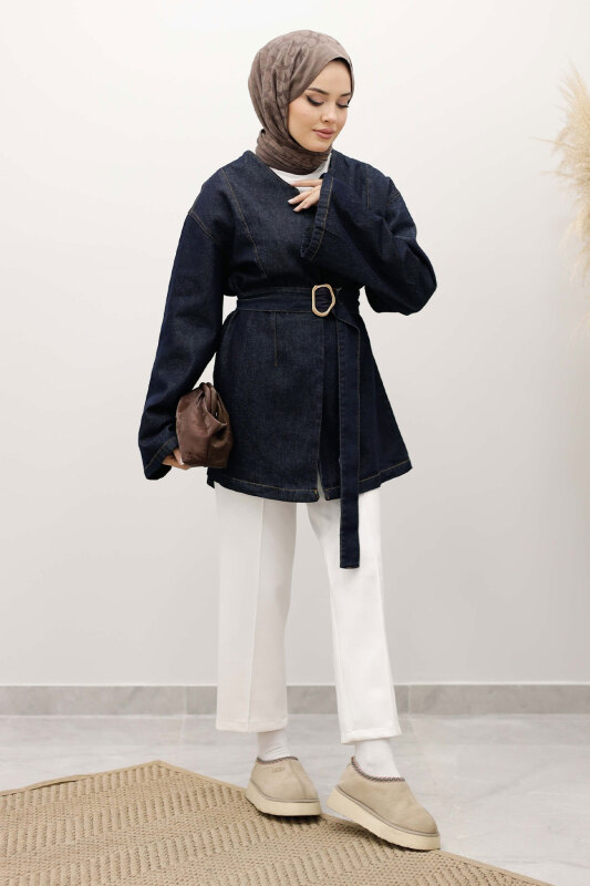 Kemerli Kot Ceket TSD250251 Koyu Mavi - 5
