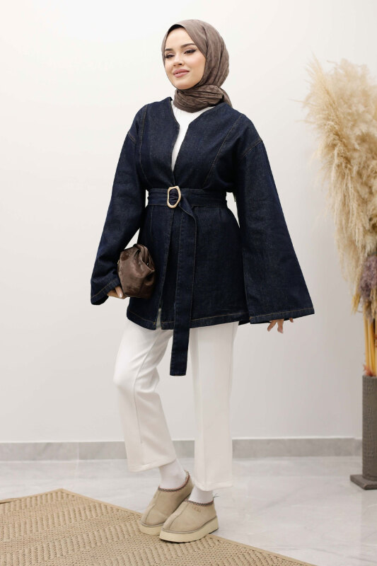 Kemerli Kot Ceket TSD250251 Koyu Mavi - TESETTÜR DÜNYASI (1)