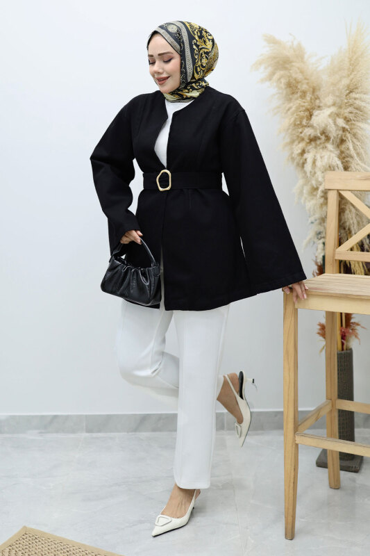 Kemerli Kot Ceket TSD250251 Siyah - 5