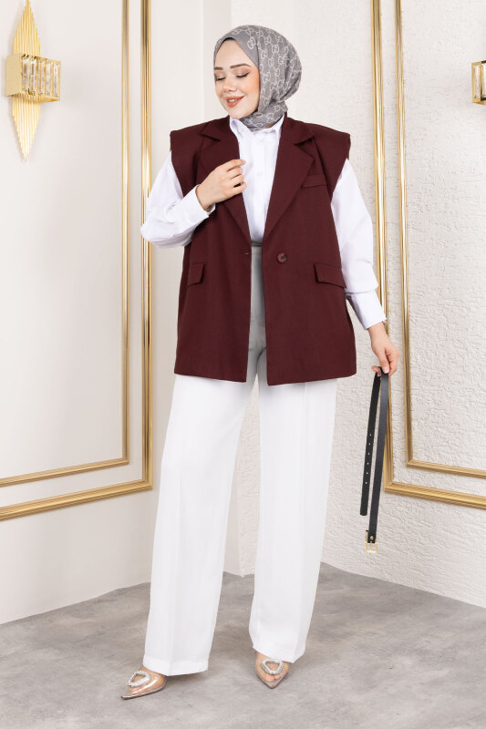 Vatkalı Kemerli Yelek TSD250151 Bordo - 3