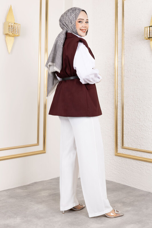 Vatkalı Kemerli Yelek TSD250151 Bordo - 5
