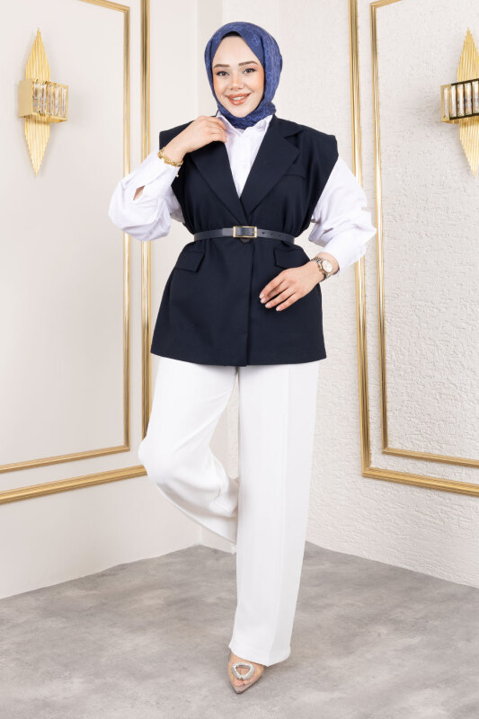 Vatkalı Kemerli Yelek TSD250151 Lacivert - 4