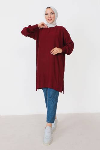 Kendinden Çizgili Triko Tunik TSD230907 Bordo 