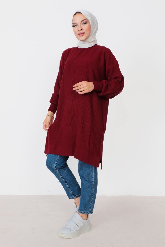 Kendinden Çizgili Triko Tunik TSD230907 Bordo - 4