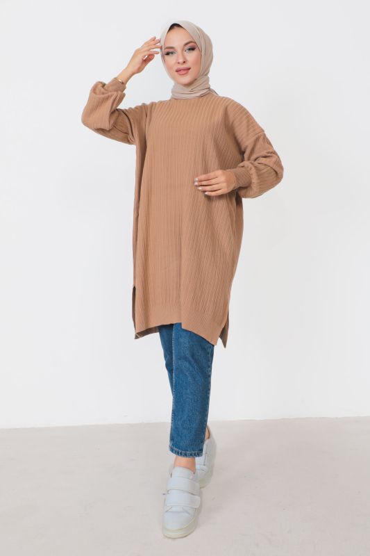 Kendinden Çizgili Triko Tunik TSD230907 Camel - 1