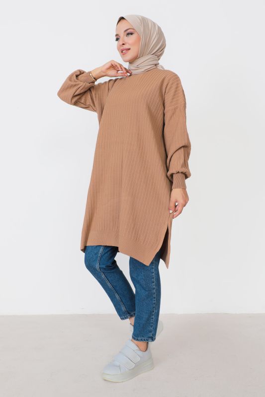 Kendinden Çizgili Triko Tunik TSD230907 Camel - 3