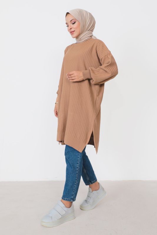 Kendinden Çizgili Triko Tunik TSD230907 Camel - 4