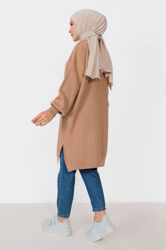 Kendinden Çizgili Triko Tunik TSD230907 Camel - 5