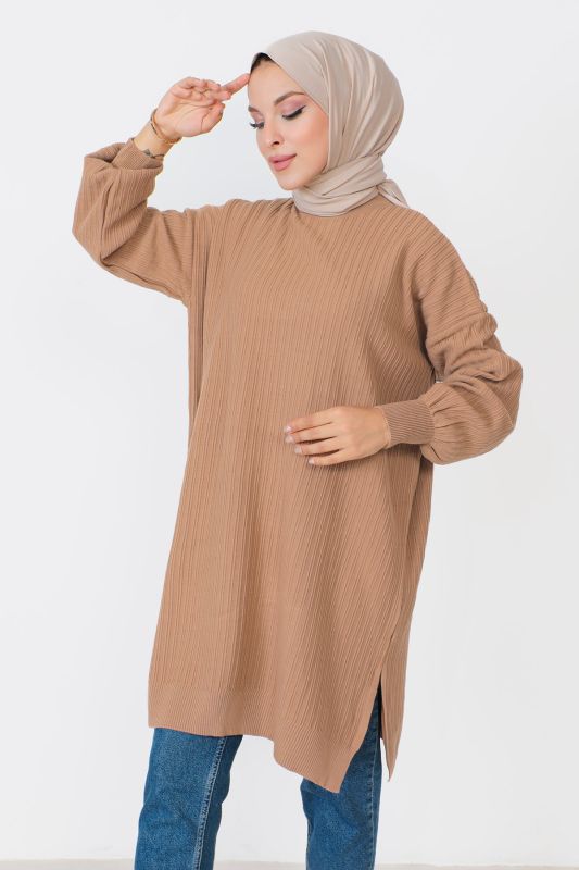 Kendinden Çizgili Triko Tunik TSD230907 Camel - 2