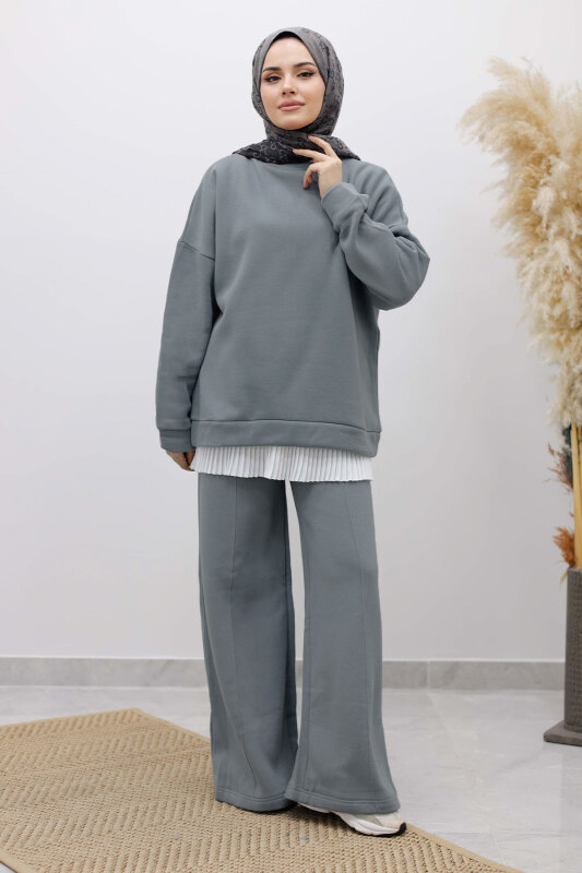 Klasik Şardonlu Eşofman Takım TSD250264 Gri - Tesettür Dünyası
