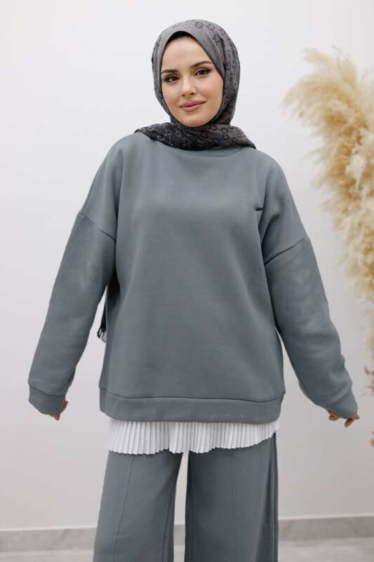 Klasik Şardonlu Eşofman Takım TSD250264 Gri - Tesettür Dünyası (1)