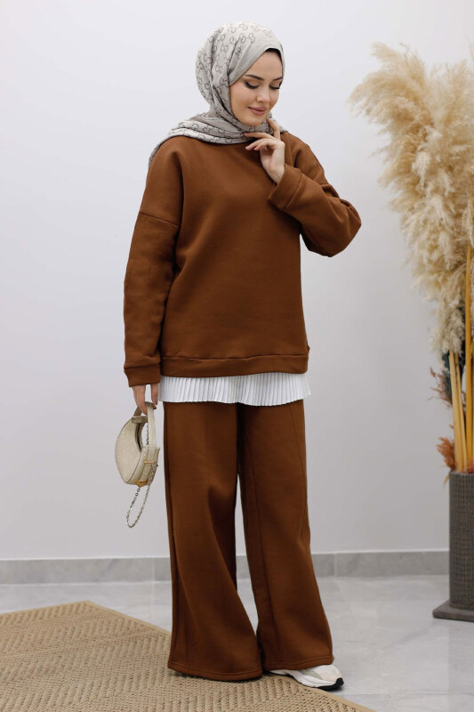 Klasik Şardonlu Eşofman Takım TSD250264 Kahverengi - Tesettür Dünyası