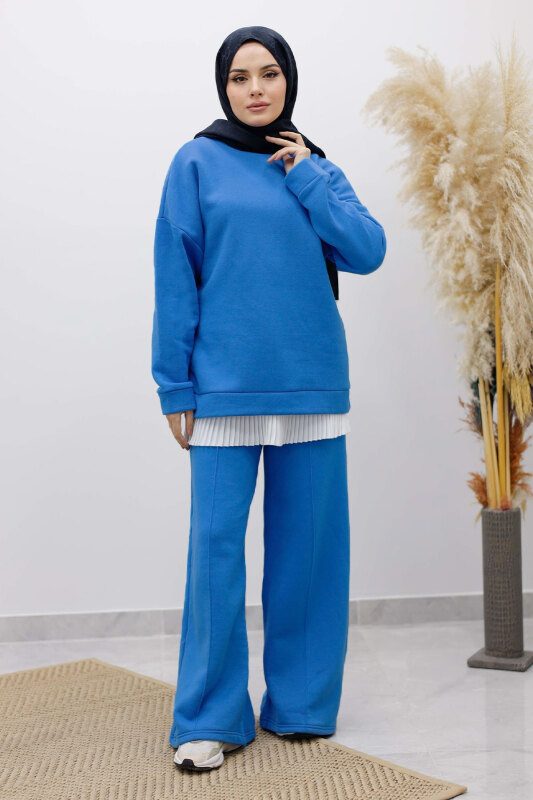 Klasik Şardonlu Eşofman Takım TSD250264 Mavi - Tesettür Dünyası