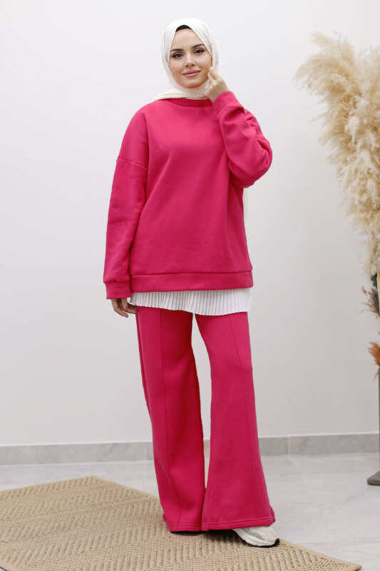 Klasik Şardonlu Eşofman Takım TSD250264 Pembe - Tesettür Dünyası