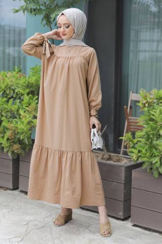 Kol Ucu Bağlamalı Elbise TSD220609 Camel - 3