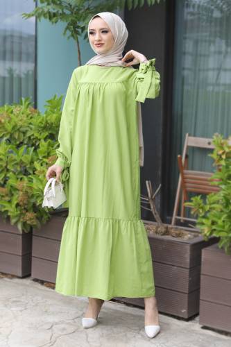 Kol Ucu Bağlamalı Elbise TSD220609 Fıstık Yeşili - 4