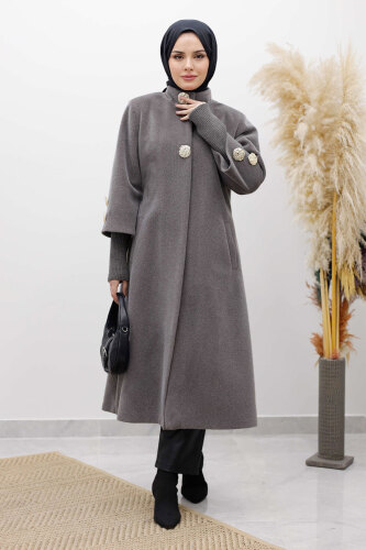 Kol Ucu Triko Detaylı Angora Fox Kaban TSD250246 Açık Gri - 1