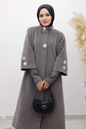 Kol Ucu Triko Detaylı Angora Fox Kaban TSD250246 Açık Gri - 2