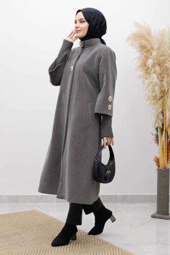 Kol Ucu Triko Detaylı Angora Fox Kaban TSD250246 Açık Gri - 3