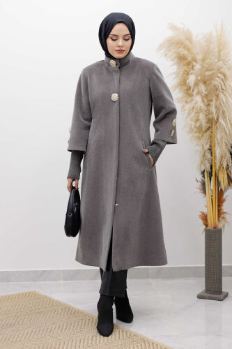 Kol Ucu Triko Detaylı Angora Fox Kaban TSD250246 Açık Gri - 4