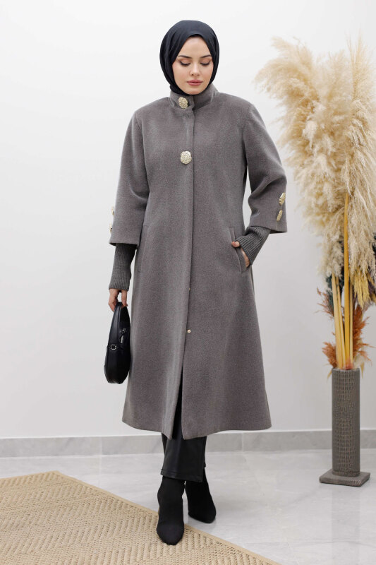 Kol Ucu Triko Detaylı Angora Fox Kaban TSD250246 Açık Gri - 4