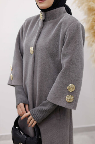 Kol Ucu Triko Detaylı Angora Fox Kaban TSD250246 Açık Gri - 5