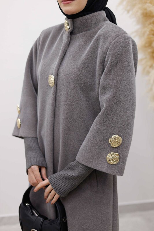 Kol Ucu Triko Detaylı Angora Fox Kaban TSD250246 Açık Gri - 5