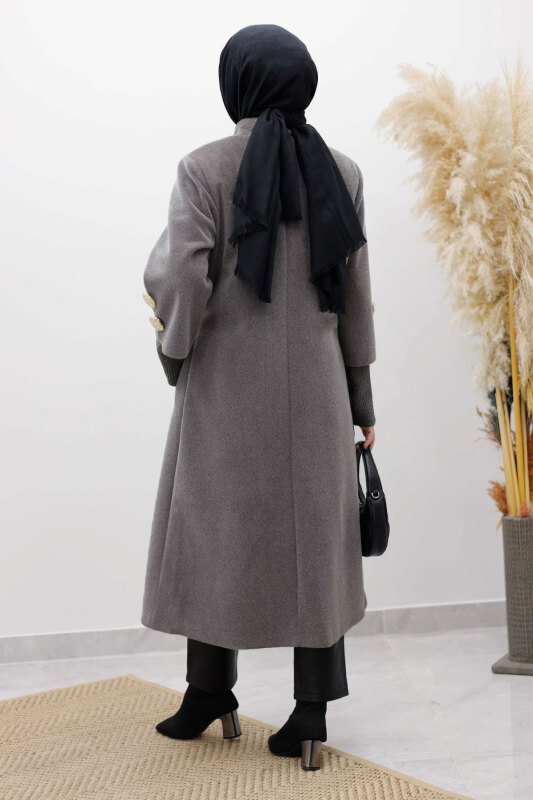 Kol Ucu Triko Detaylı Angora Fox Kaban TSD250246 Açık Gri - 6