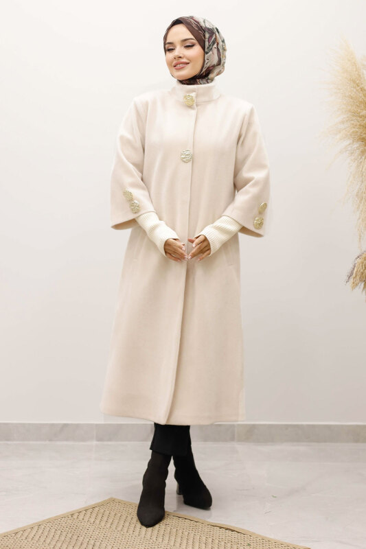 Kol Ucu Triko Detaylı Angora Fox Kaban TSD250246 Bej - Tesettür Dünyası