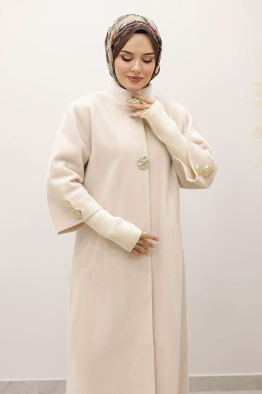 Kol Ucu Triko Detaylı Angora Fox Kaban TSD250246 Bej - Tesettür Dünyası (1)