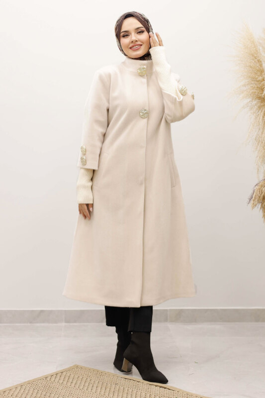 Kol Ucu Triko Detaylı Angora Fox Kaban TSD250246 Bej - 3