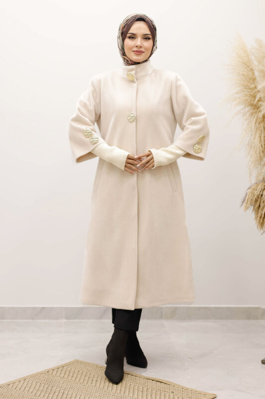 Kol Ucu Triko Detaylı Angora Fox Kaban TSD250246 Bej - 4